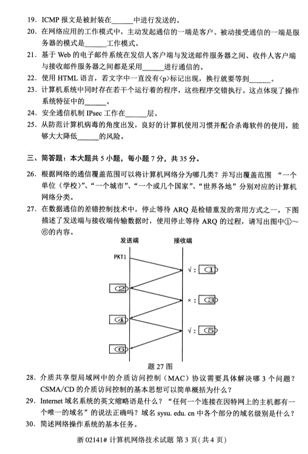 全国2019年4月自学考试计算机网络技术真题(图2) 全国2019年4月自学考试计算机网络技术真题(图2)