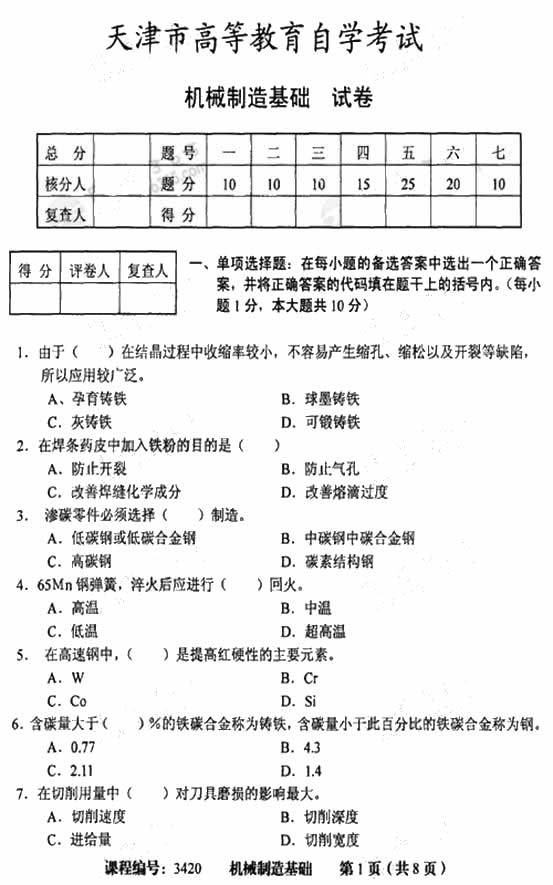 天津市2009年4月高等教育自学考试机械制造基础试卷(图1) 天津市2009年4月高等教育自学考试机械制造基础试卷(图1)