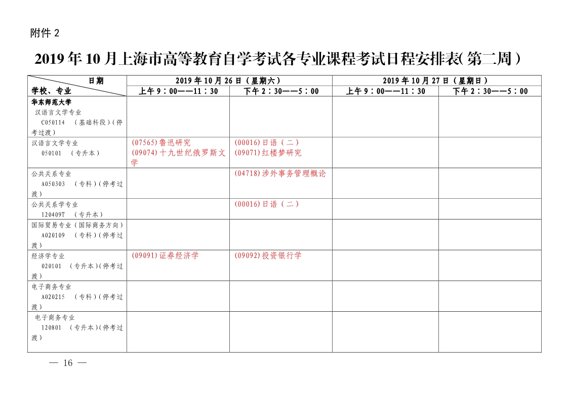 【第二周】2019年10月上海市自学考试各专业课程考试日程安排表(图1)